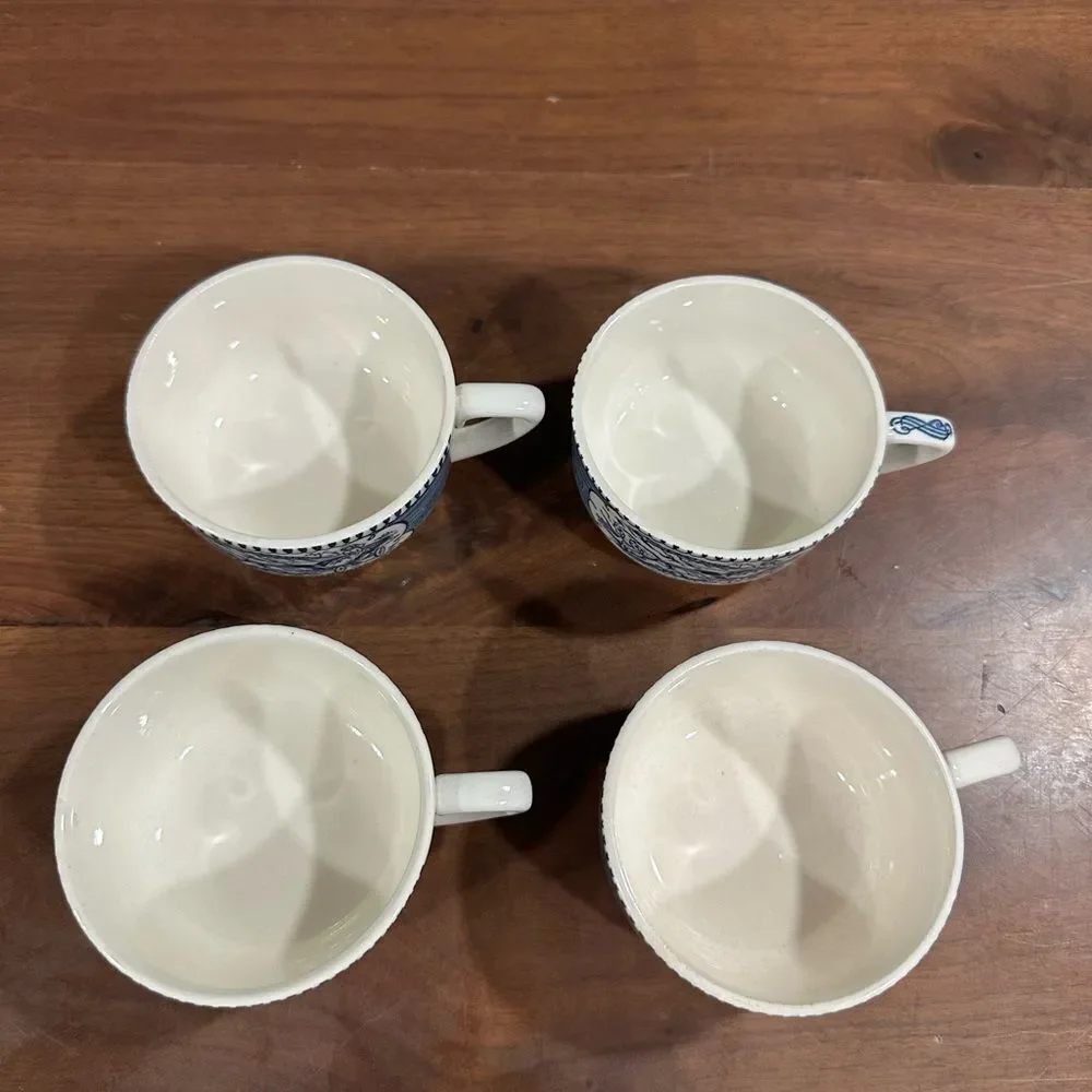 Set Of 4 Currier & Ives Coffee Cups Horse Buggy Cups Cup Mug Blue Royal China